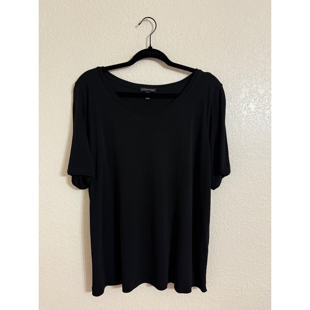 Eileen Fisher Black 100% Silk Jersey Short Sleeve Scoop Neck Top XL